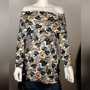 Effie's Heart Off-Shoulder Leaf Print Dress - Black, Brown, Cream